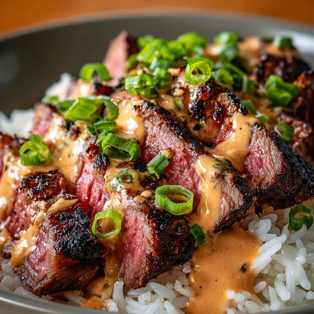 Korean BBQ steak rice bowls with spicy cream sauce served in a bowl.