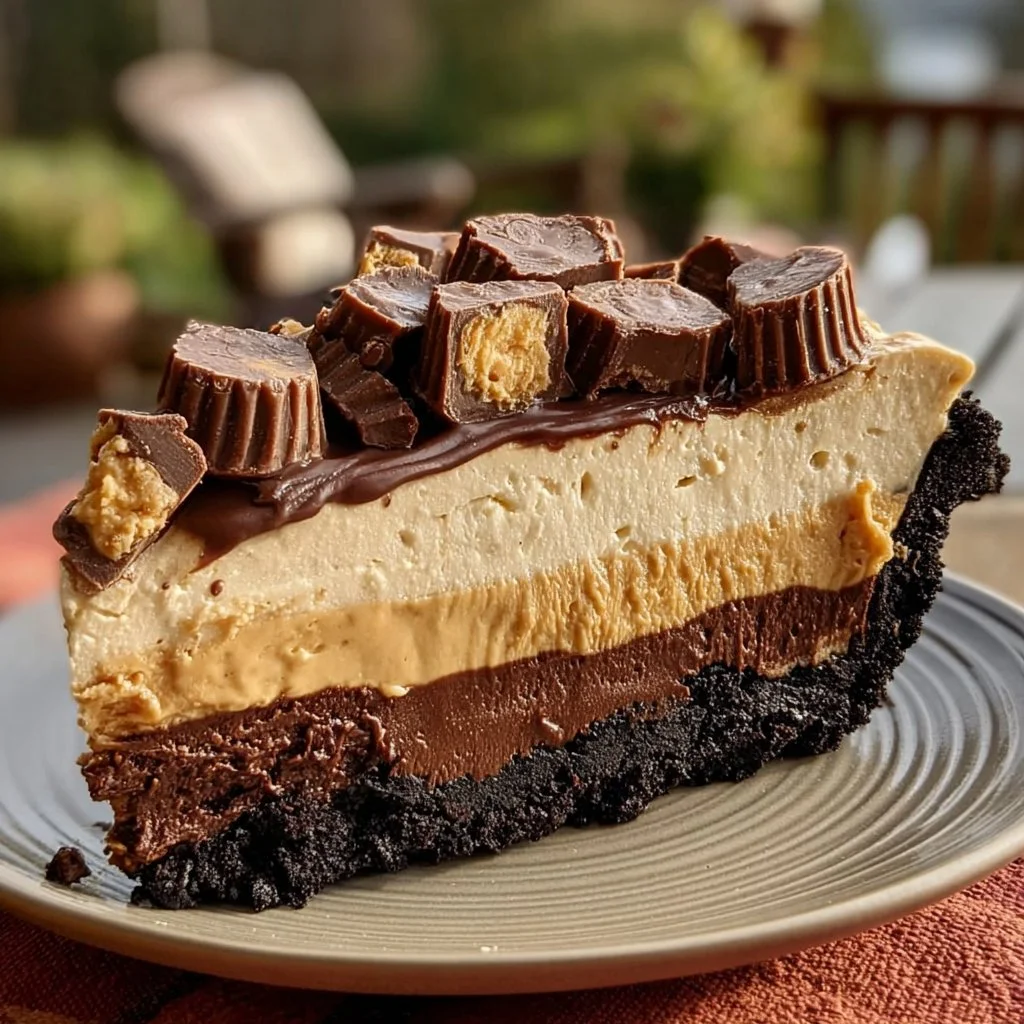 Giant Reese's Peanut Butter Cup Pie topped with chocolate and peanut butter