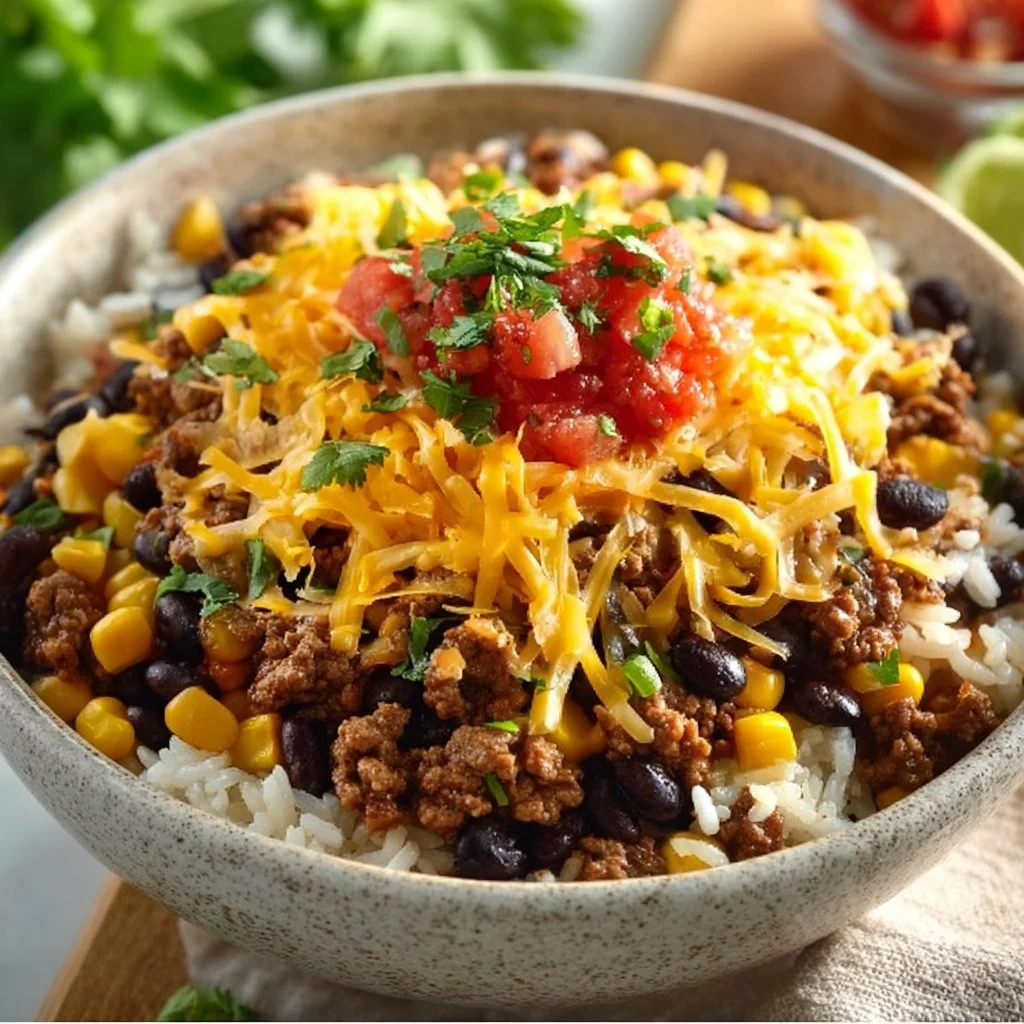 Delicious Ground Beef Burrito Bowl with fresh toppings and ingredients