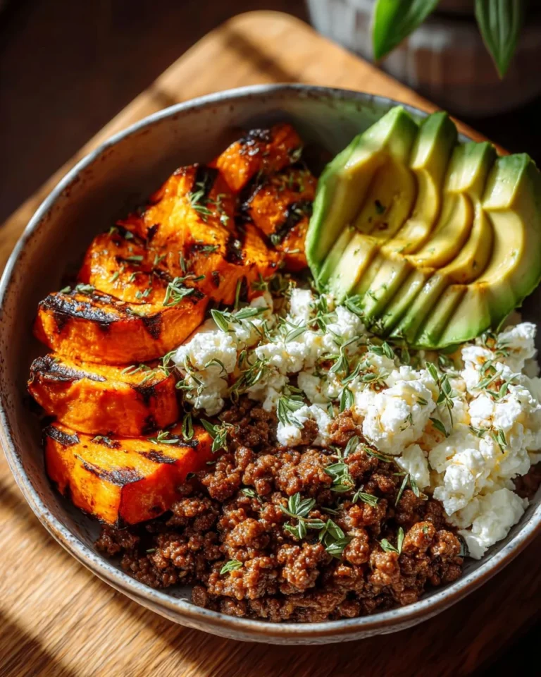 Ground Beef Hot Honey Bowl topped with fresh ingredients and drizzled with honey.