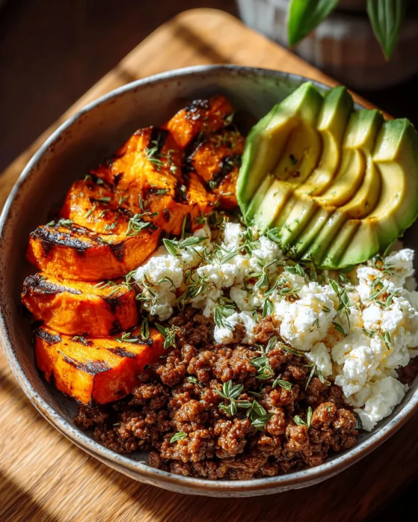 Ground Beef Hot Honey Bowl topped with fresh ingredients and drizzled with honey.