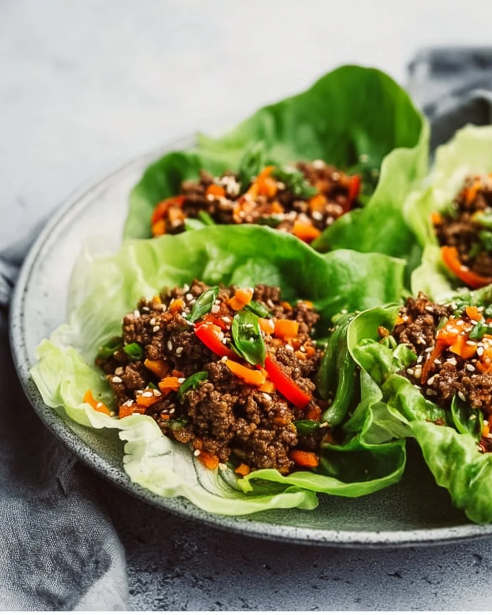 Ground beef lettuce wraps with fresh vegetables and sauce