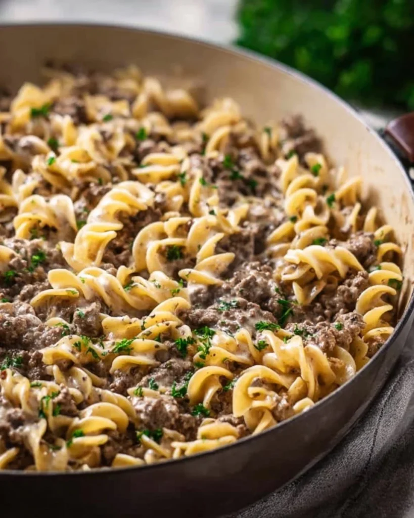 Delicious bowl of ground beef stroganoff served with noodles and garnished with parsley
