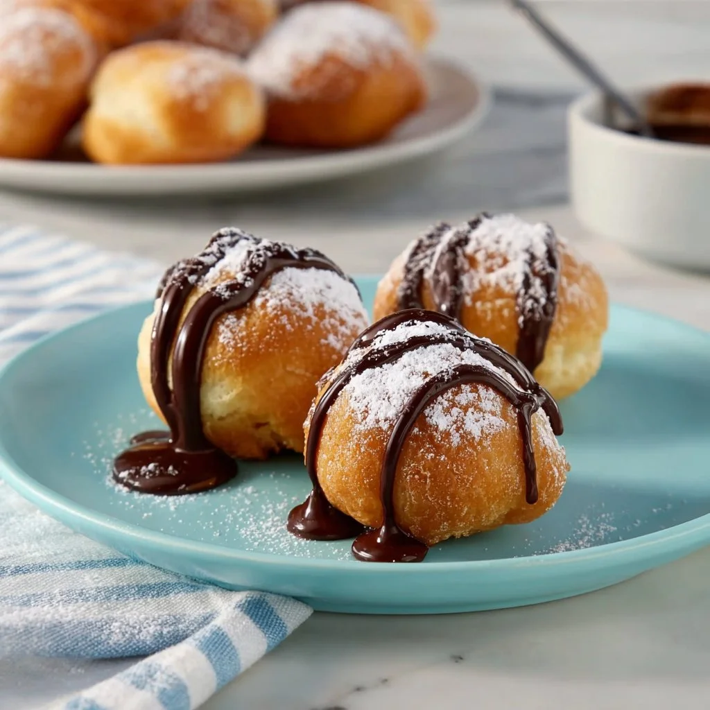 Delicious Hanukkah fritters served with warm chocolate sauce