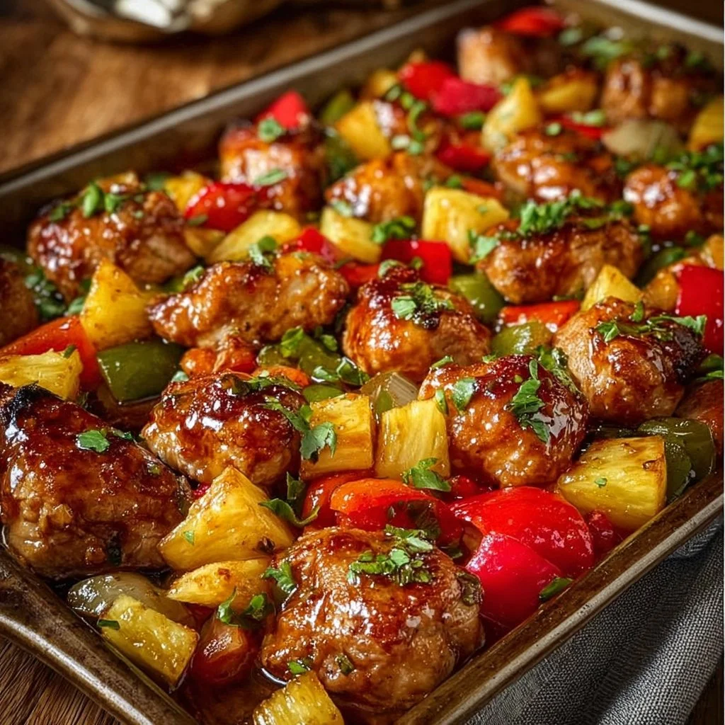Hawaiian Chicken sheet pan with colorful vegetables and pineapple garnished.