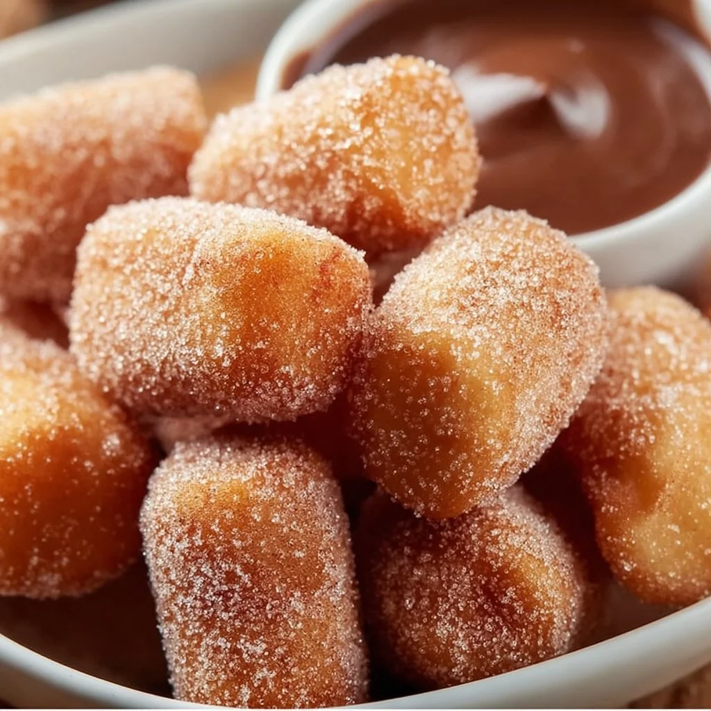 Plate of healthy air fryer churro bites dusted with cinnamon sugar