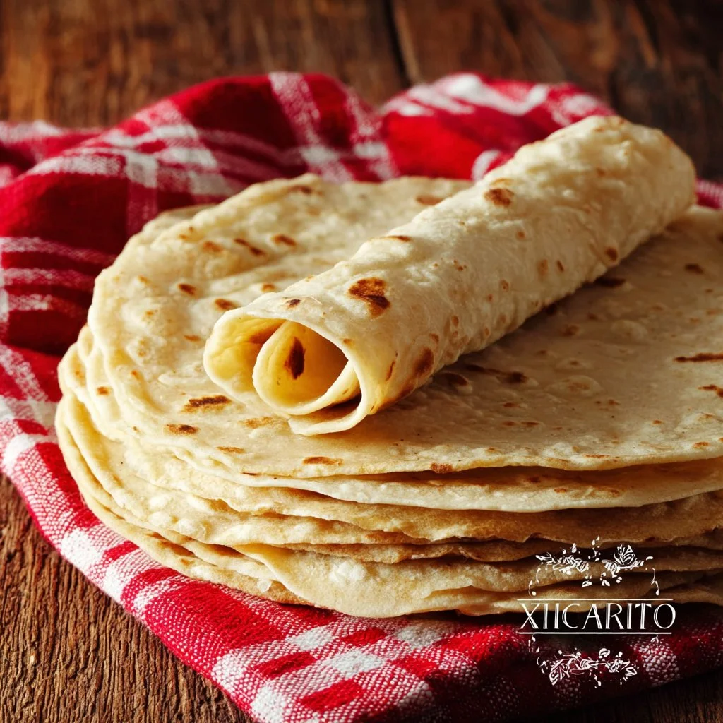 Homemade flour tortillas ready to be served with tacos and dips