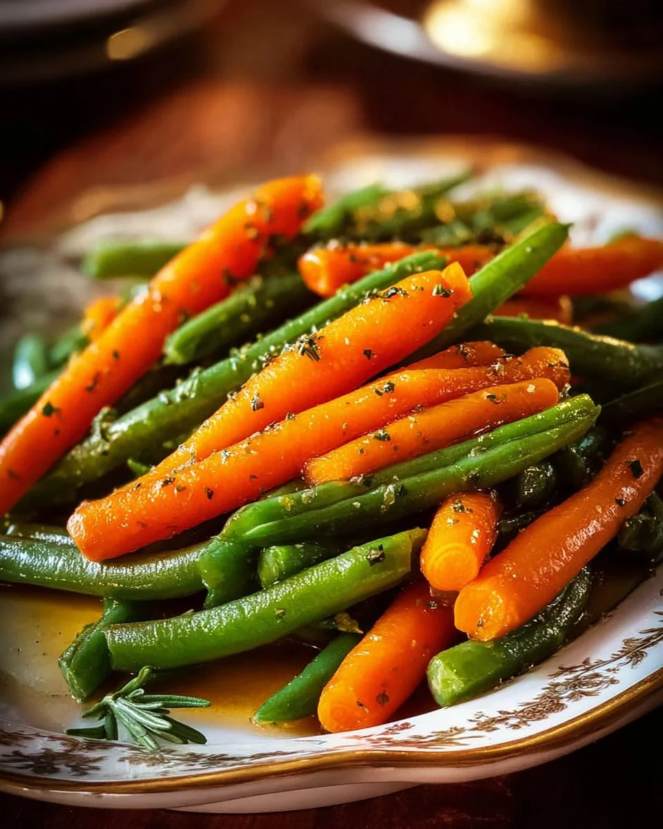 Delicious honey glazed carrots with green beans on a plate.