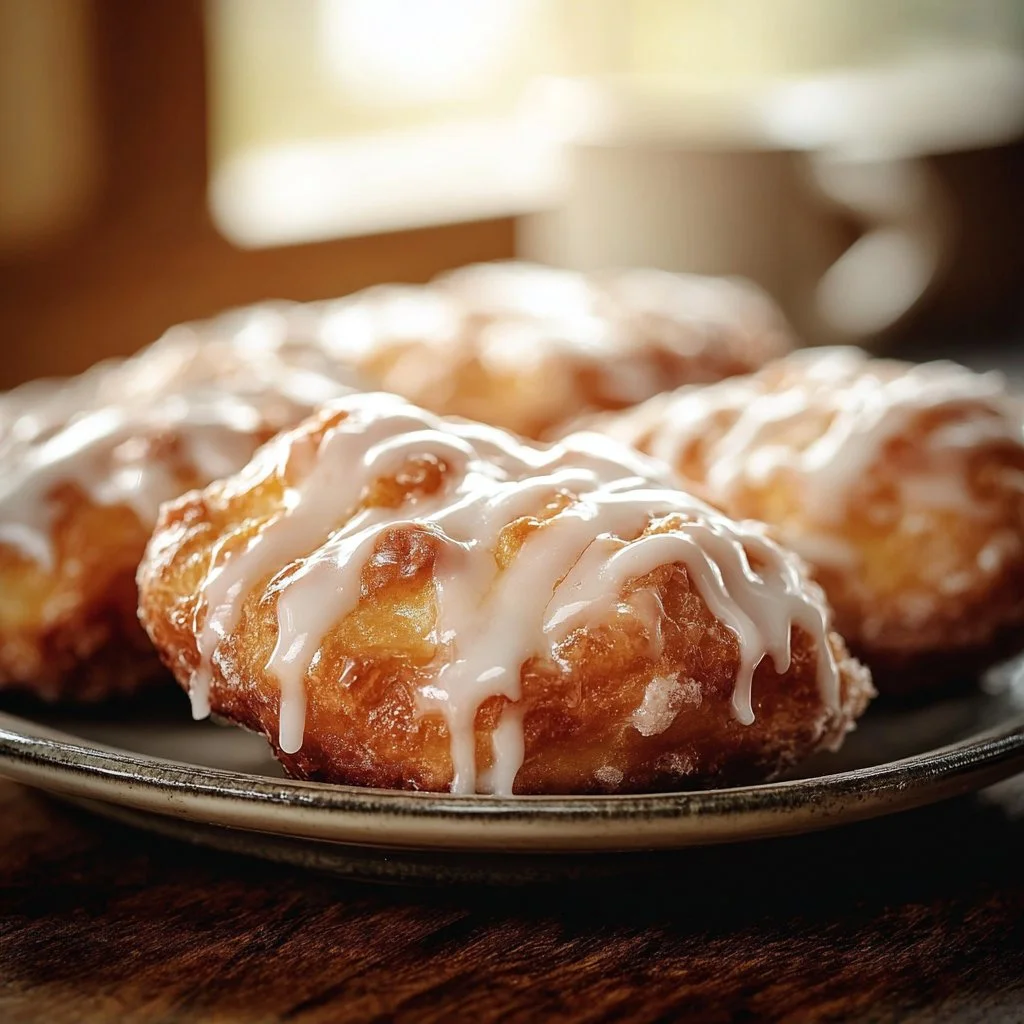 Deliciously glazed baked apple fritters arranged on a plate