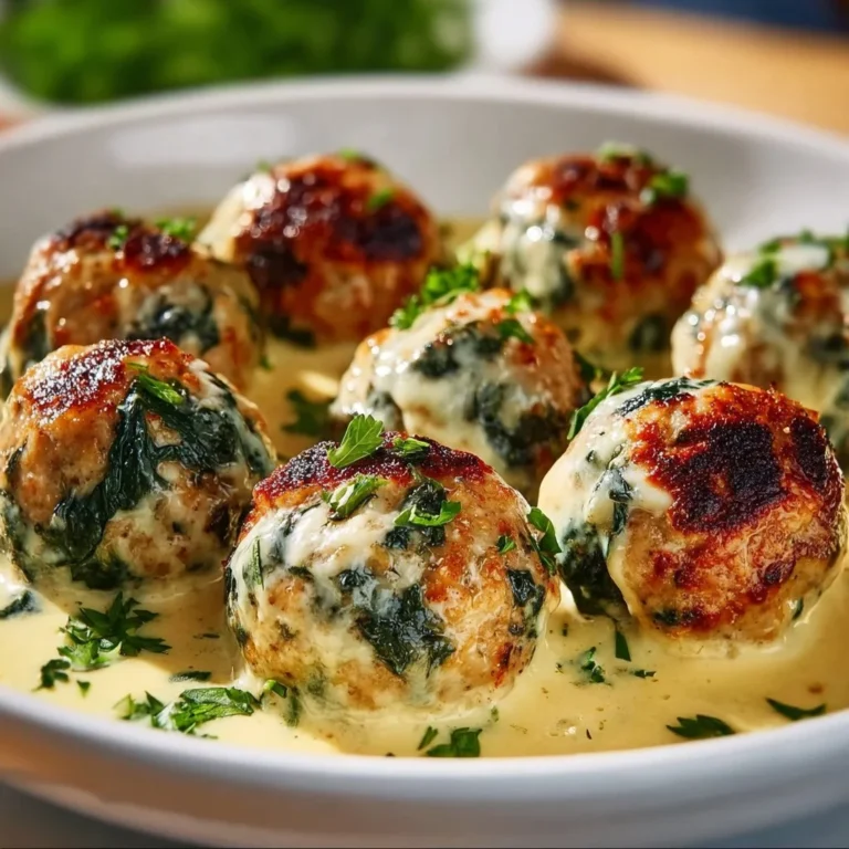 Baked chicken meatballs with creamy spinach Alfredo sauce on a plate