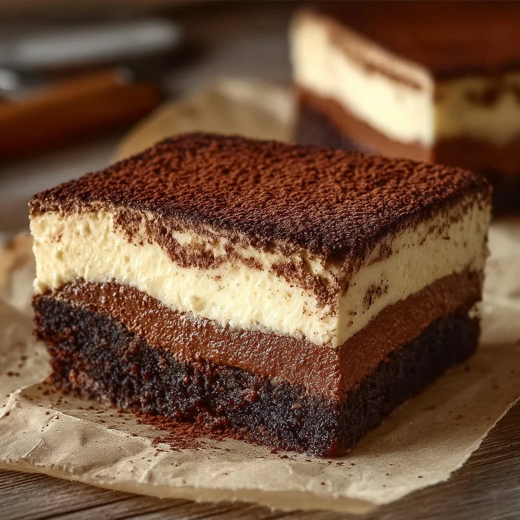 Decadent tiramisu brownies with chocolate and espresso flavor