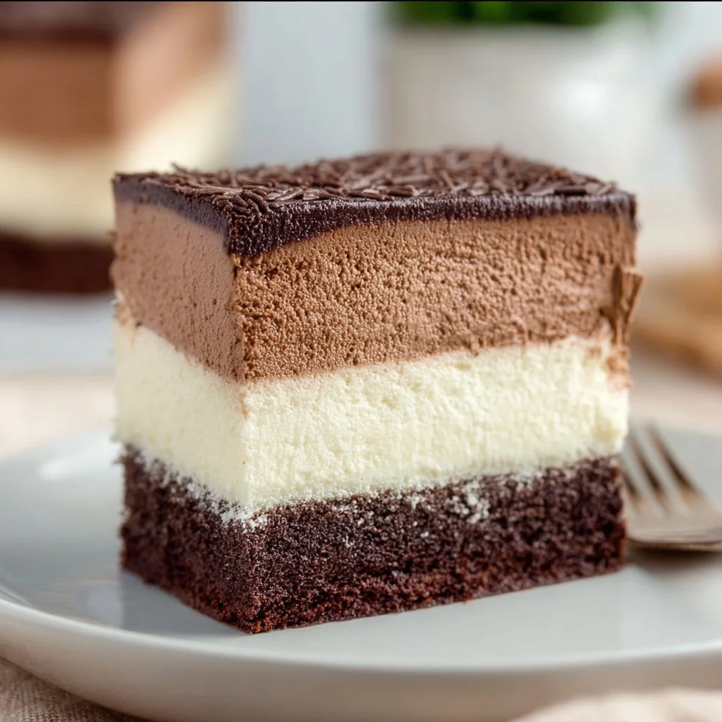 Slice of Italian Love Cake with chocolate and cream layers on a beautiful plate