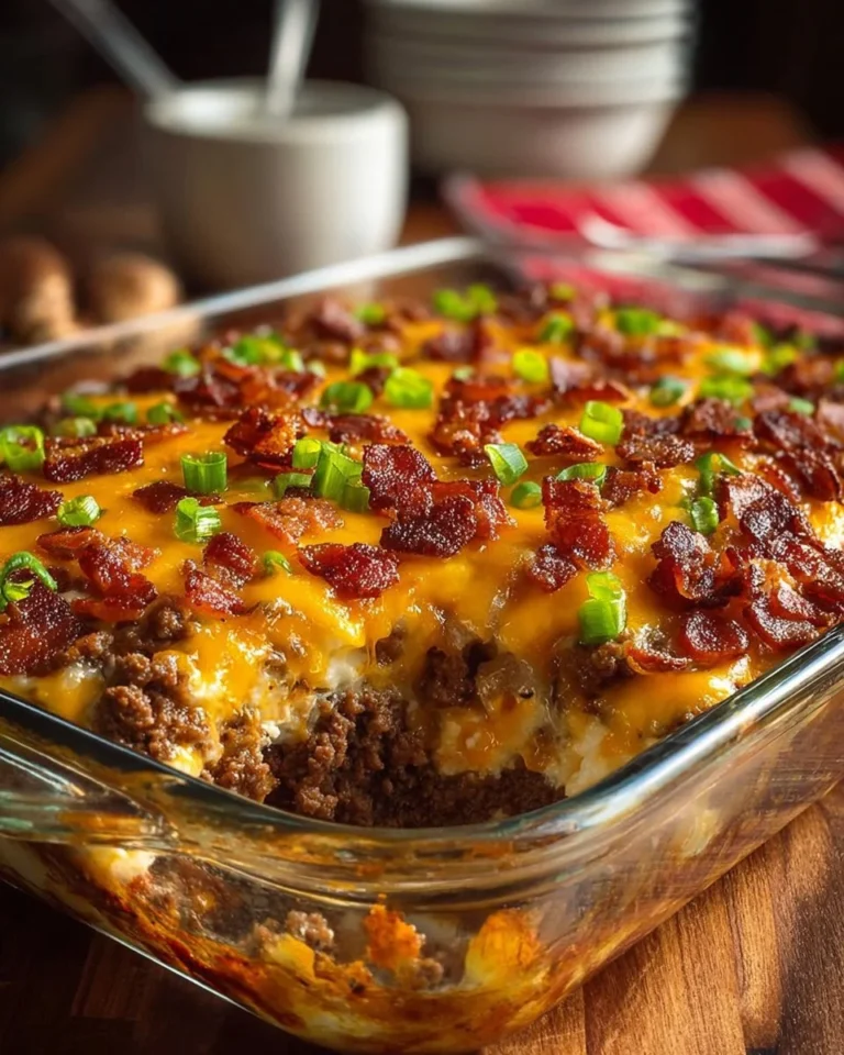 Low-carb bacon cheeseburger casserole topped with melted cheese and bacon bits