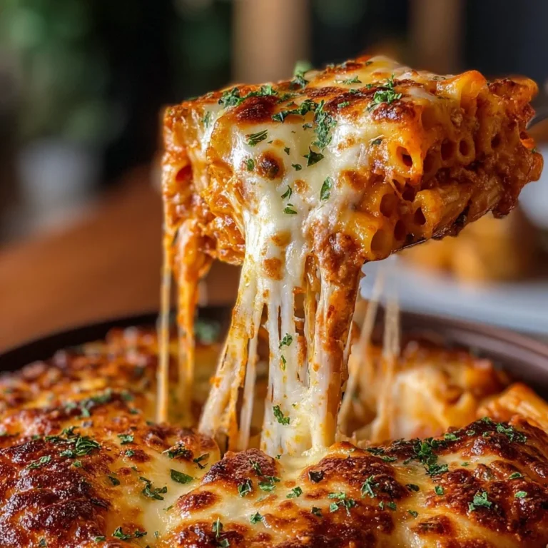 Delicious baked ziti dish with cheese, pasta, and sauce, ready to be served.