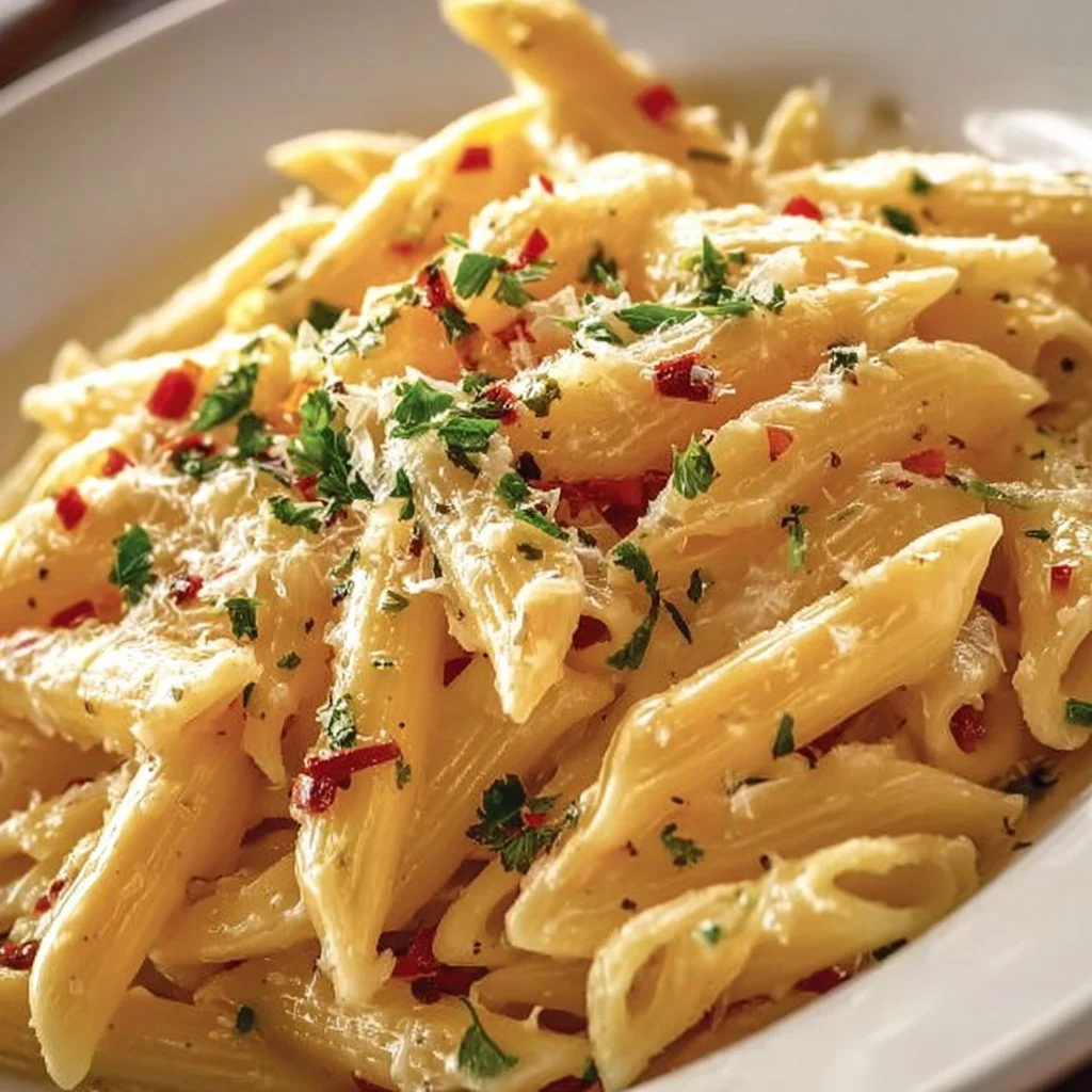 Delicious one pot creamy garlic pasta garnished with herbs and parmesan