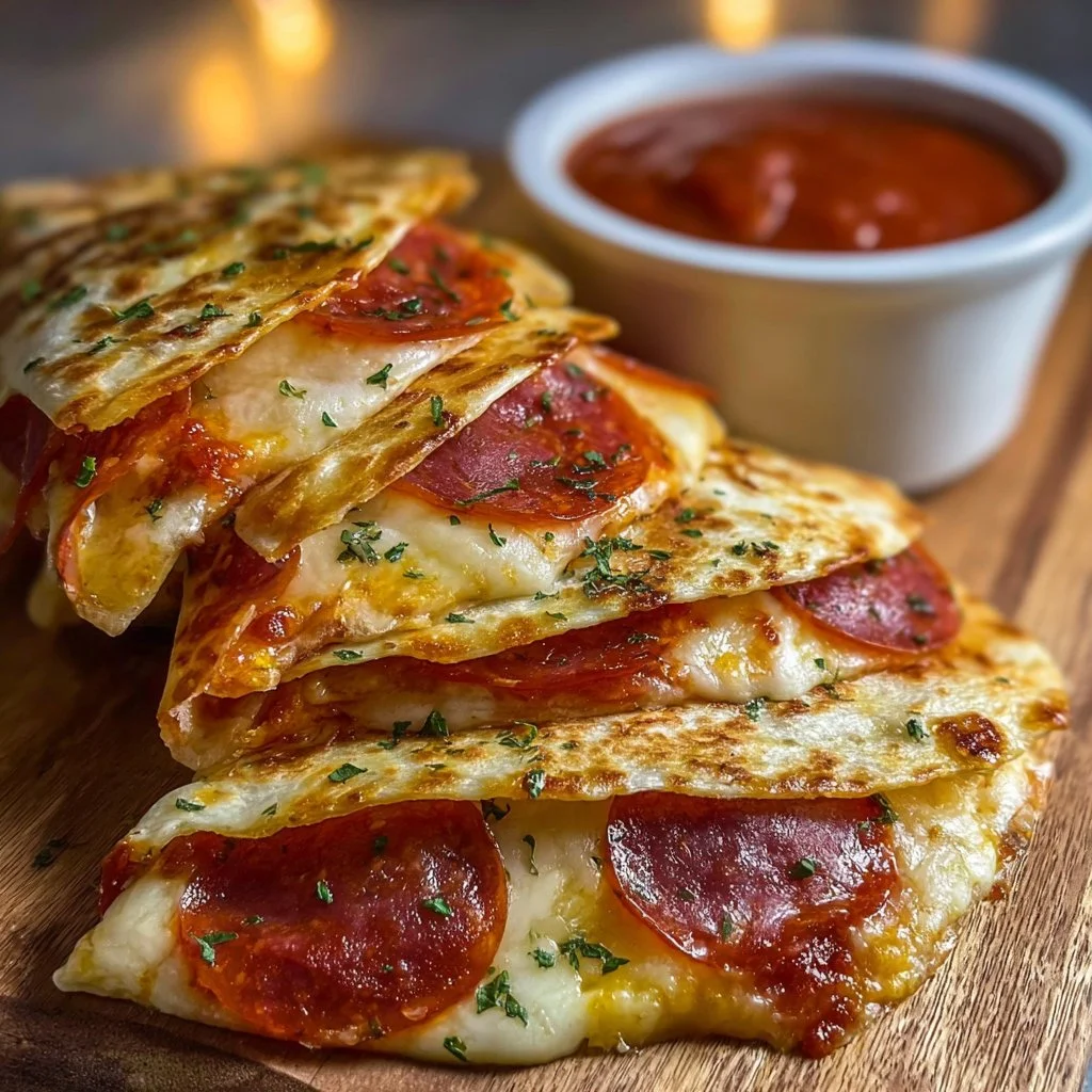 Delicious pepperoni pizza quesadillas served with salsa and cheese