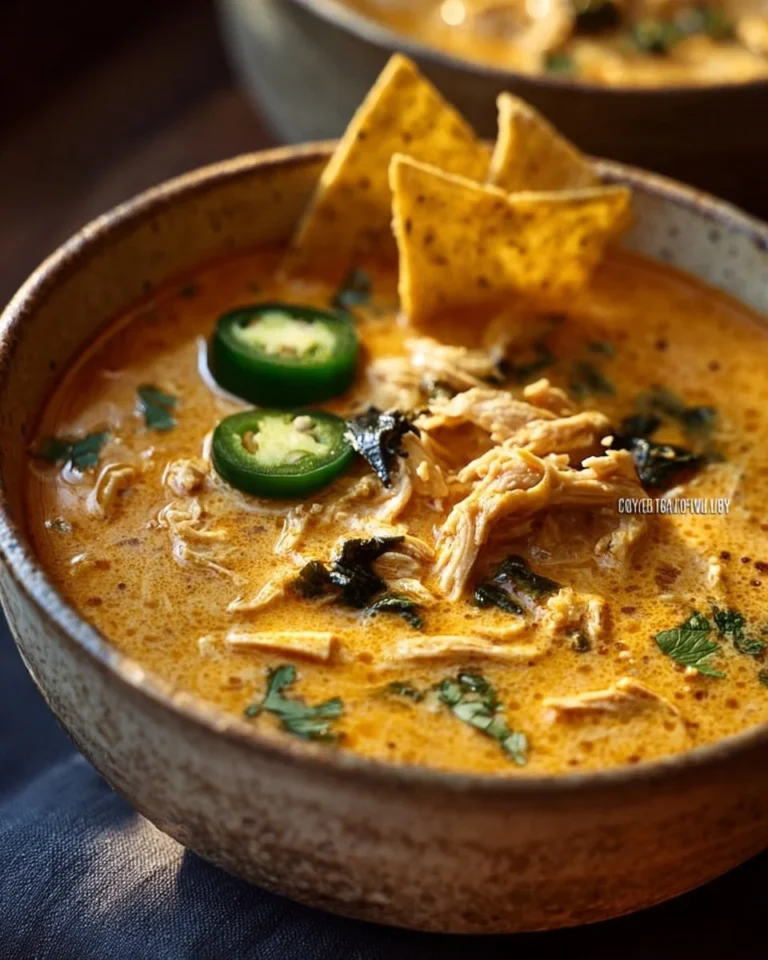 Bowl of Poblano Chicken Tortilla Soup garnished with tortilla strips and cilantro.