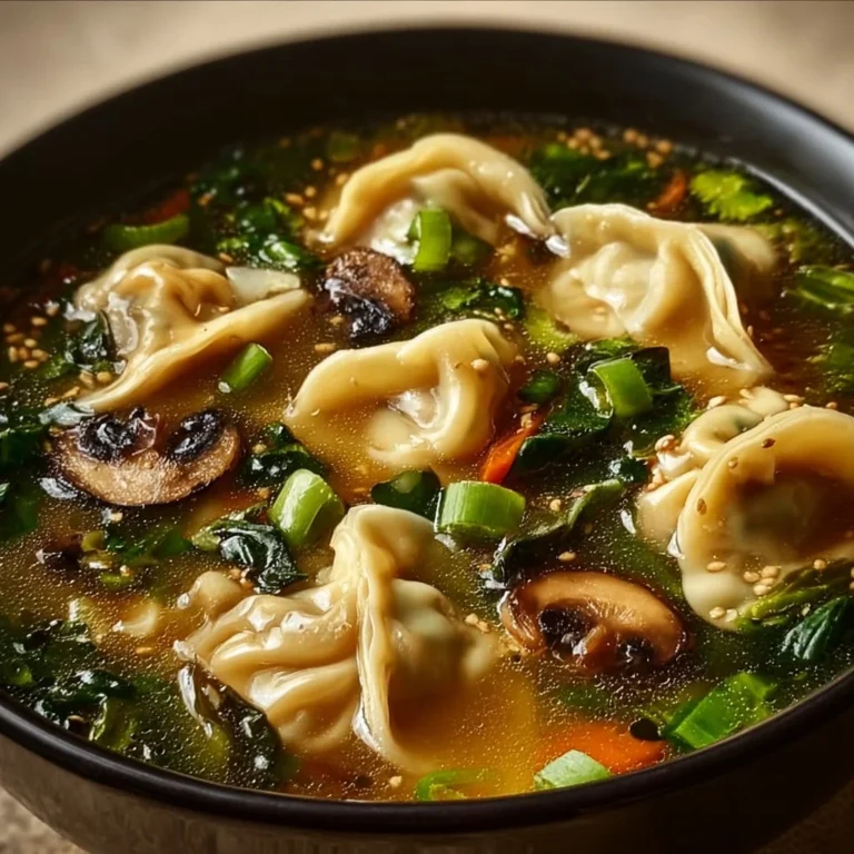 Delicious bowl of Potsticker Soup filled with dumplings and vegetables