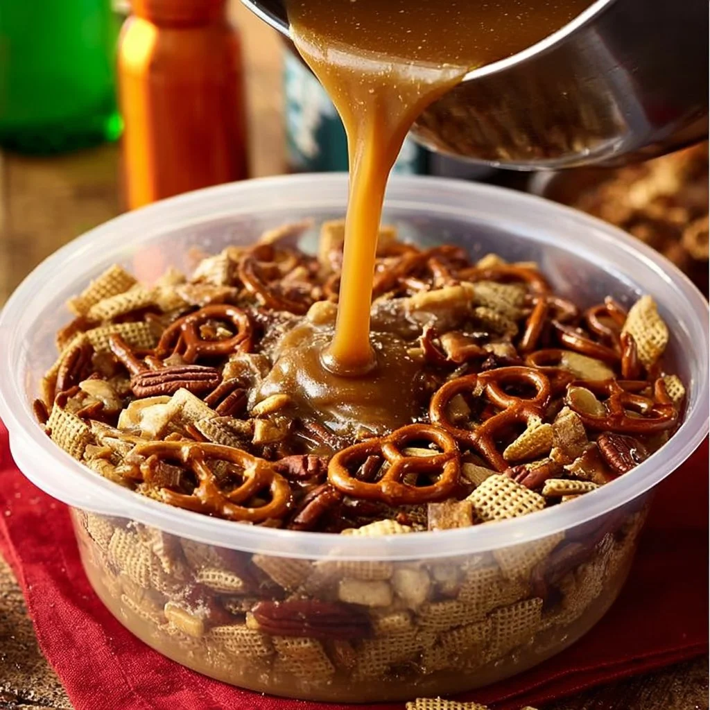 Delicious homemade Praline Party Mix with nuts and chocolates in a bowl.