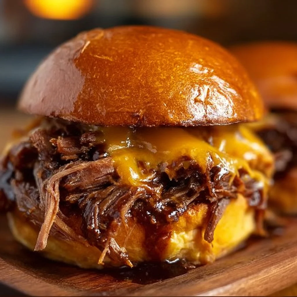 Delicious pulled beef sandwich with tender beef on fresh bread