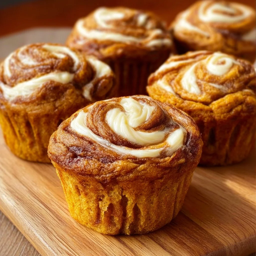 Delicious pumpkin cream cheese muffins with a swirl of cream cheese topping.