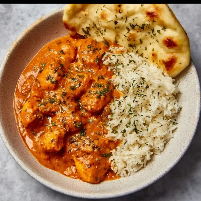 Delicious homemade butter chicken served with rice and naan.