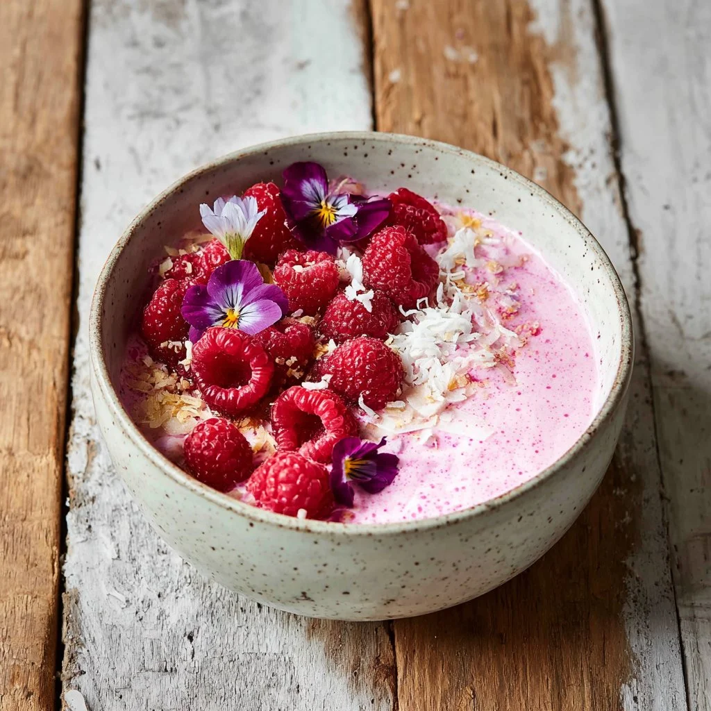 Bowl of refreshing raspberry chia pudding topped with fresh raspberries and mint