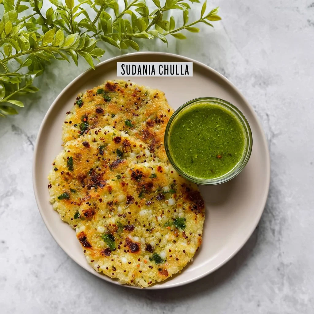 Golden brown sago pancakes stacked on a plate, garnished with syrup and fruit.