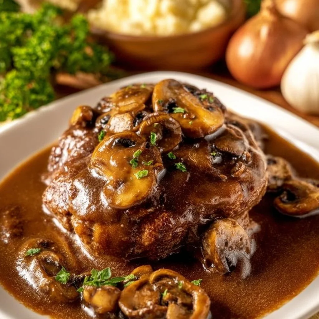 Delicious homemade Salisbury steak served with gravy and vegetables