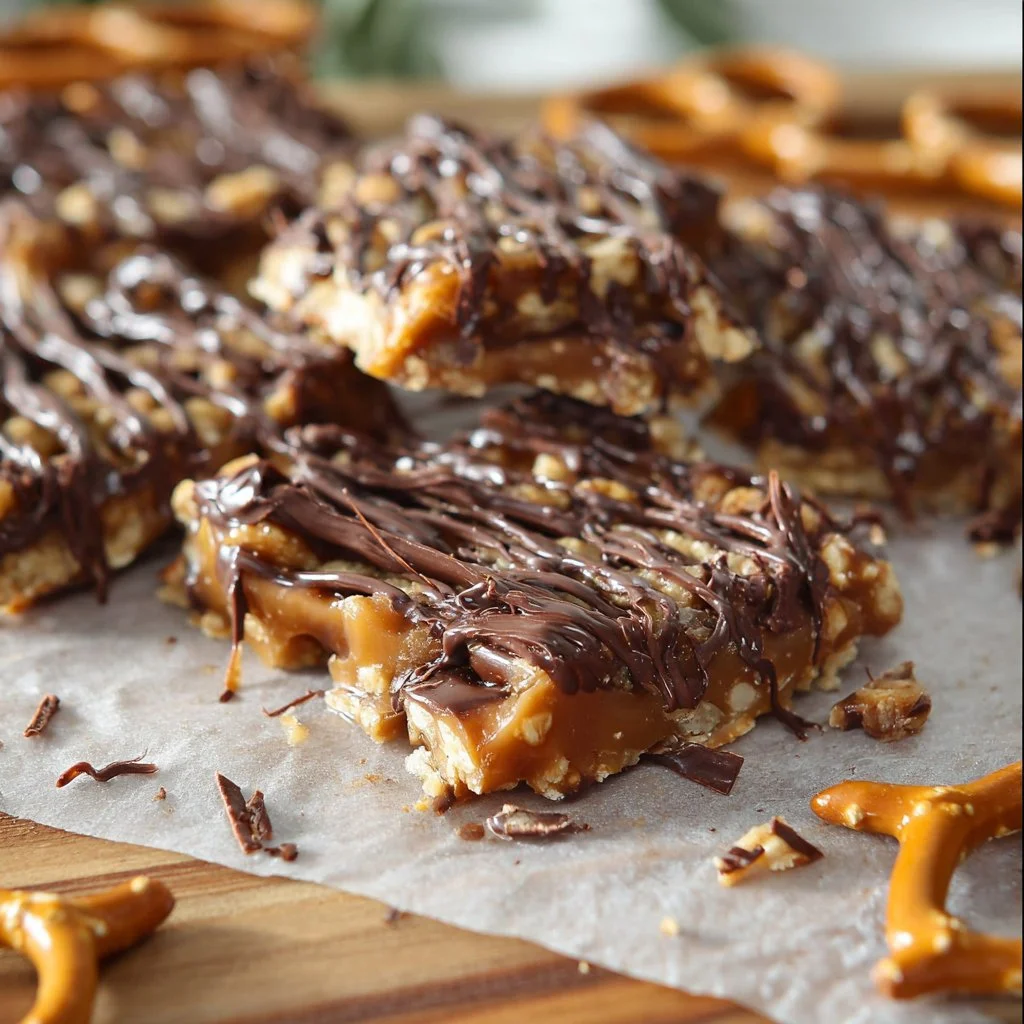 Delicious homemade salted caramel pretzel bark with sea salt sprinkles.