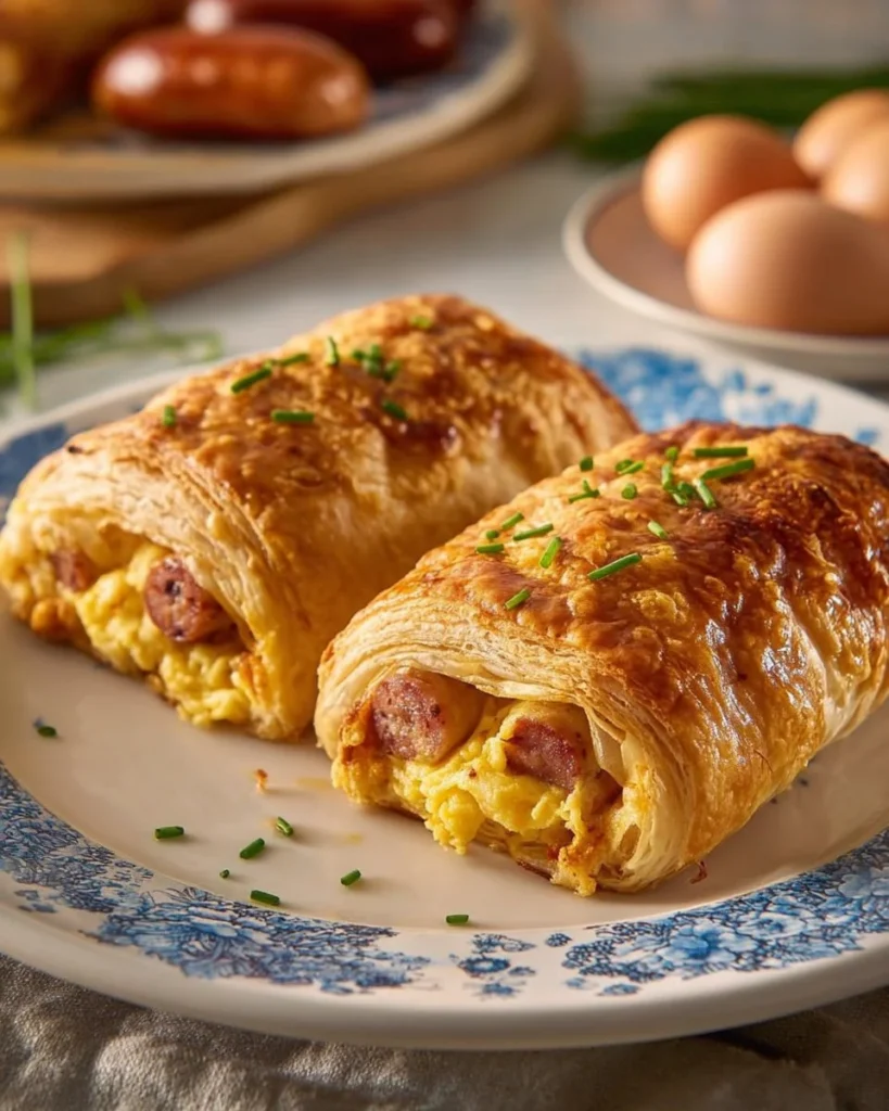 Sausage egg breakfast roll-ups served on a plate with fresh ingredients