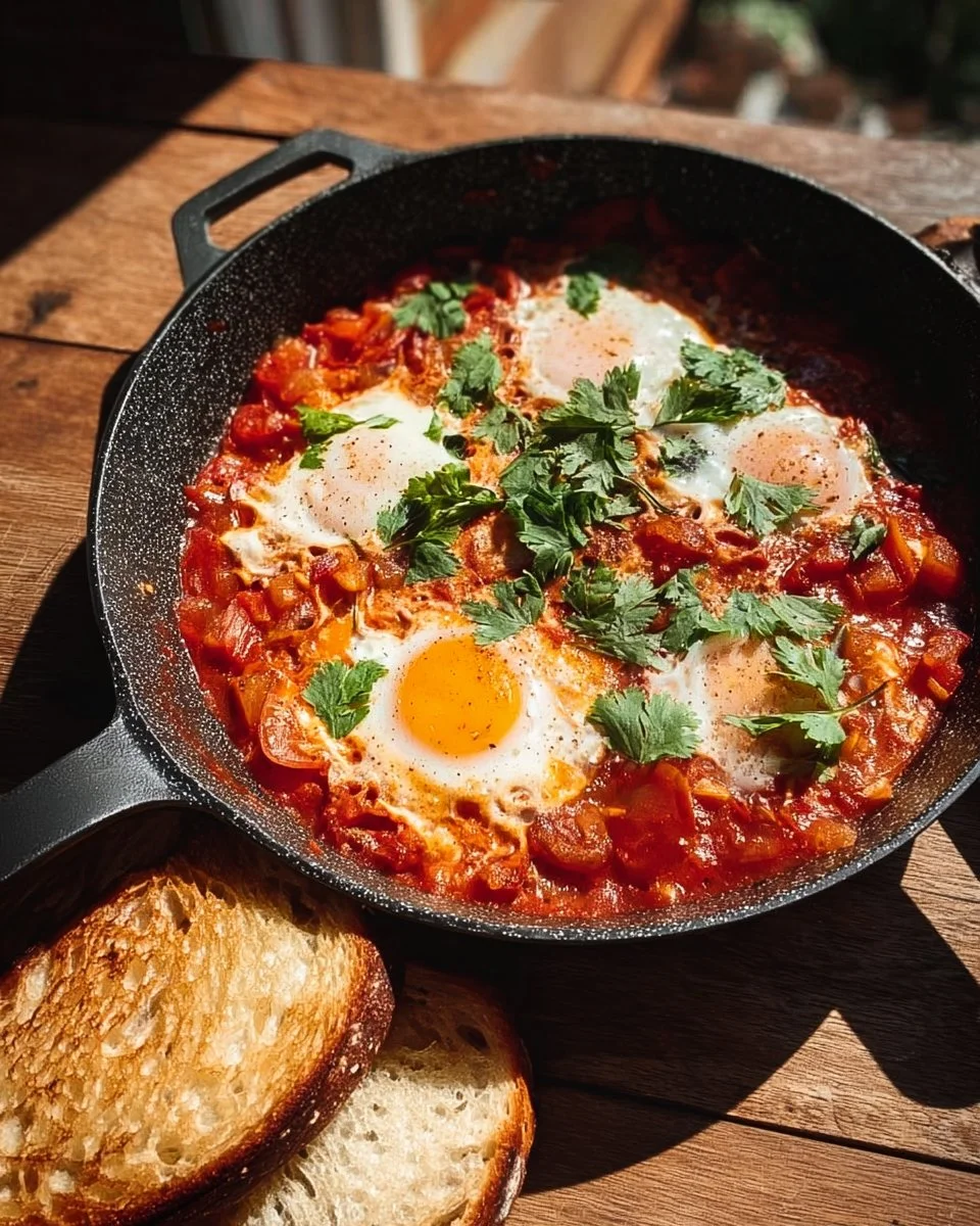 Plate of shakshuka with poached eggs in a spicy tomato sauce and fresh herbs