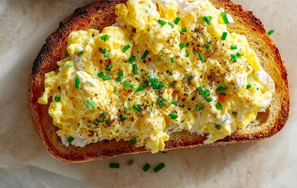 Delicious Egg and Ricotta Toast topped with herbs and spices for breakfast