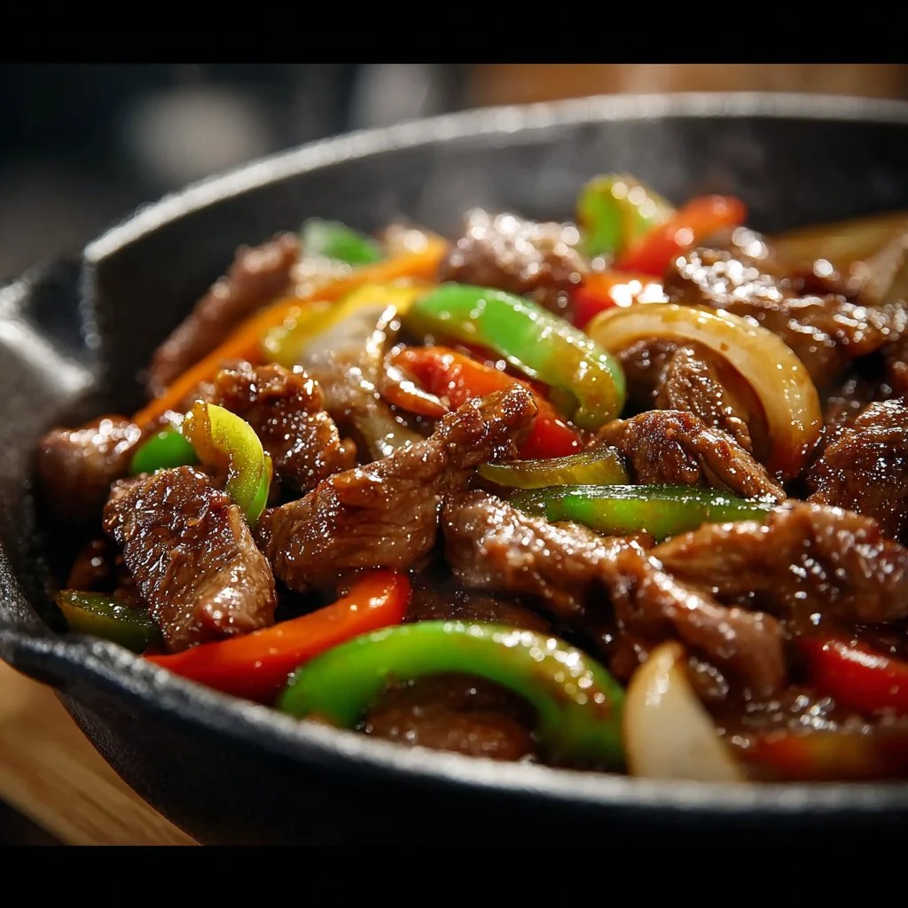 Sizzling Chinese pepper steak with onions served in a vibrant dish.