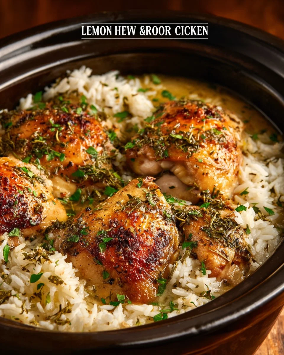 Slow cooker lemon herb chicken served with fluffy rice