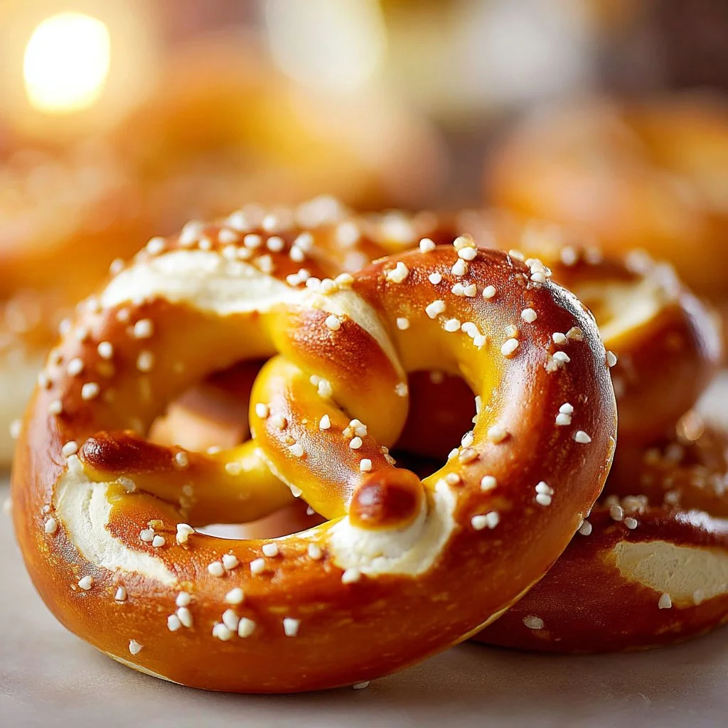 Soft and salty homemade pretzels on a wooden table