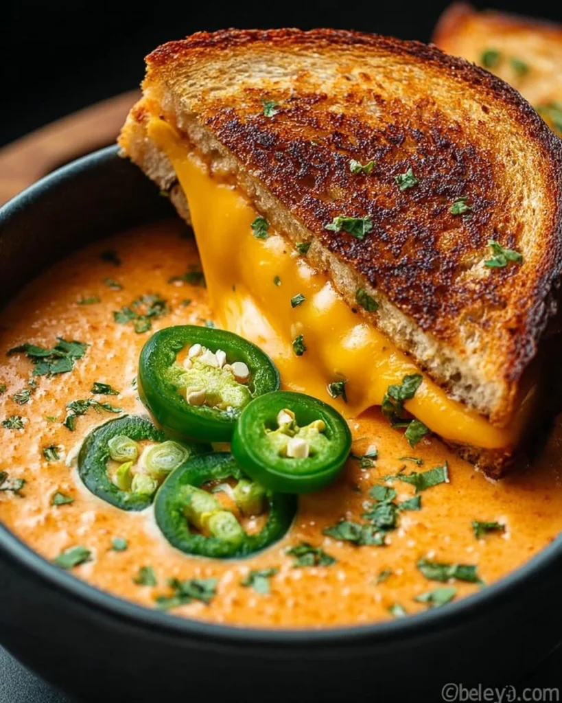 Bowl of spicy jalapeño popper soup with grilled cheese dippers on the side