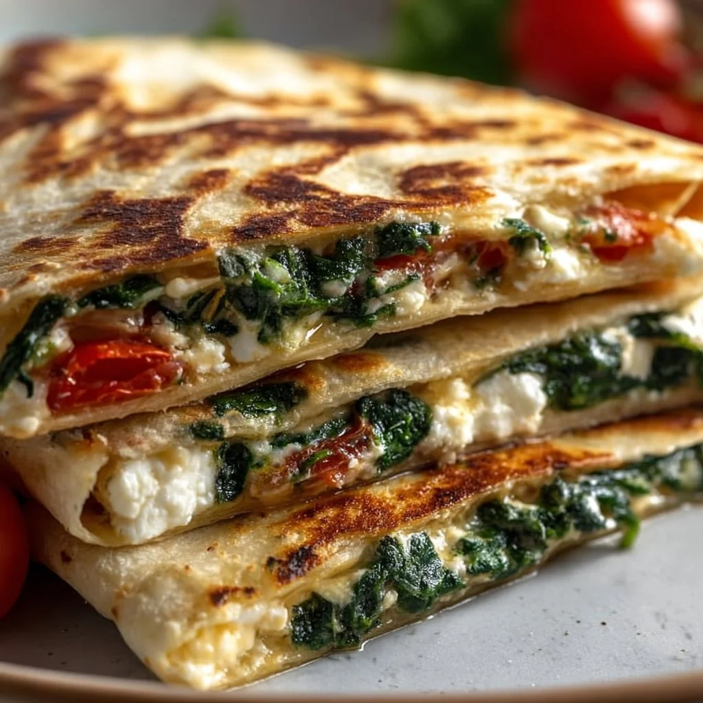 Spinach Feta Quesadillas with melted cheese and fresh spinach on a plate