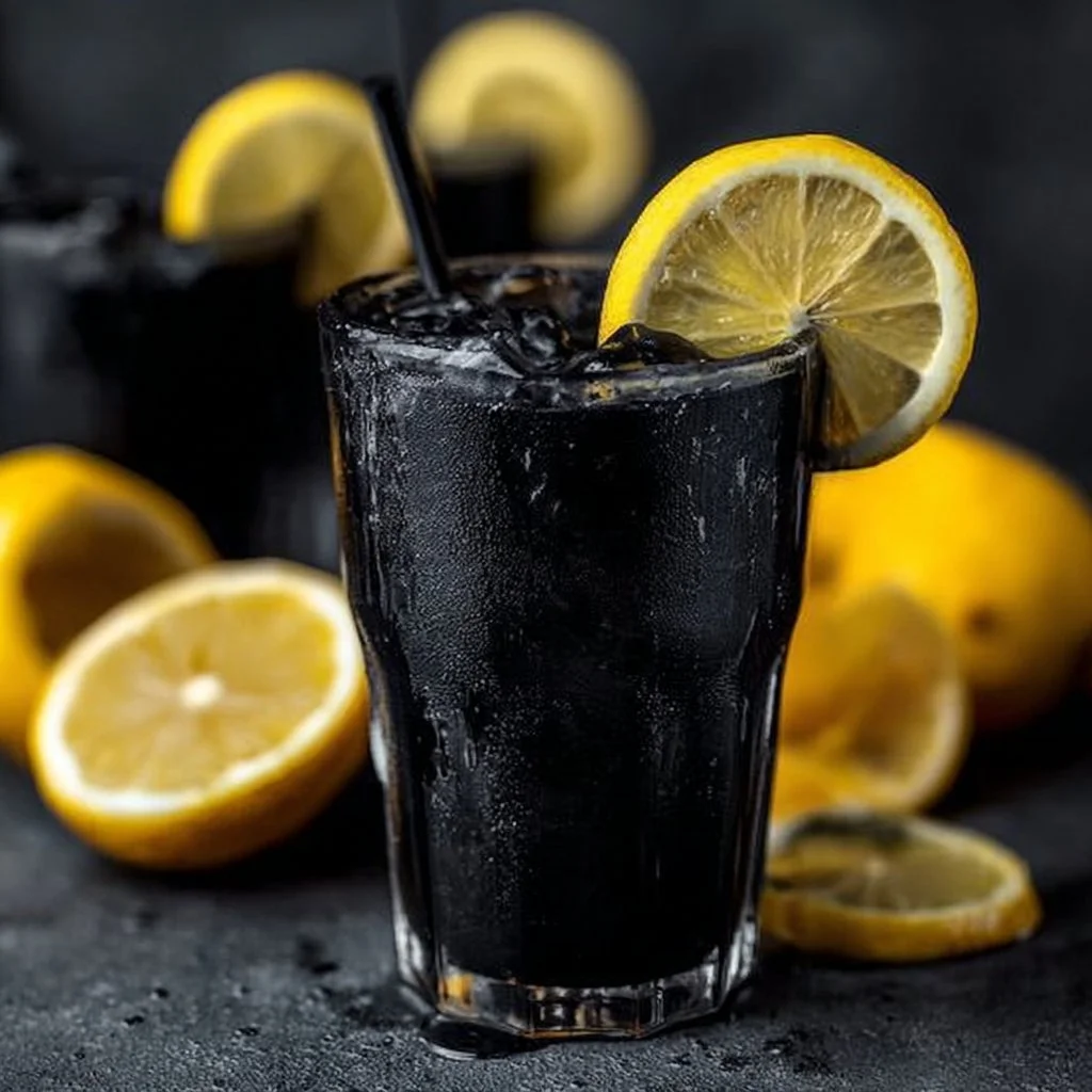 Glass of spooky black lemonade with Halloween-themed decorations