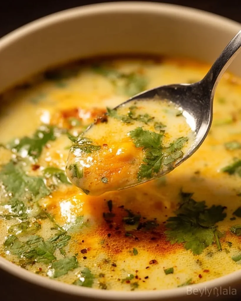 Bowl of delicious stuffed chile soup garnished with fresh herbs and spices.