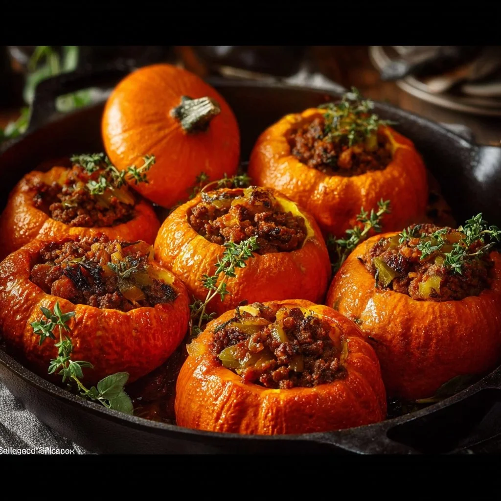 Delicious stuffed mini pumpkins filled with savory ingredients for fall decoration.
