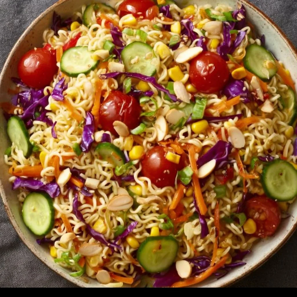 Refreshing Summer Ramen Noodle Salad with vegetables and dressing