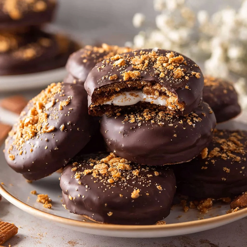 Plate of Sweet & Crunchy S'mores Cracker Cookies with chocolate and marshmallows
