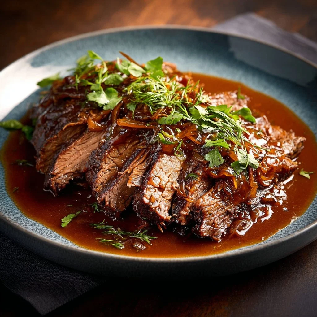 Delicious caramelized pulled beef brisket served with sides