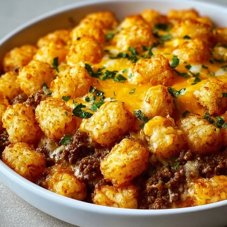 Delicious Tater Tot Casserole served in a baking dish with melted cheese