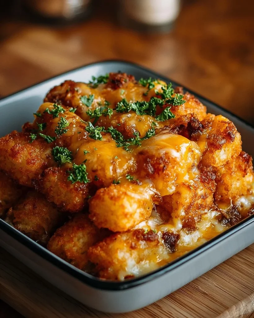 Tater Tot Sausage Breakfast Casserole with crispy tater tots and sausage
