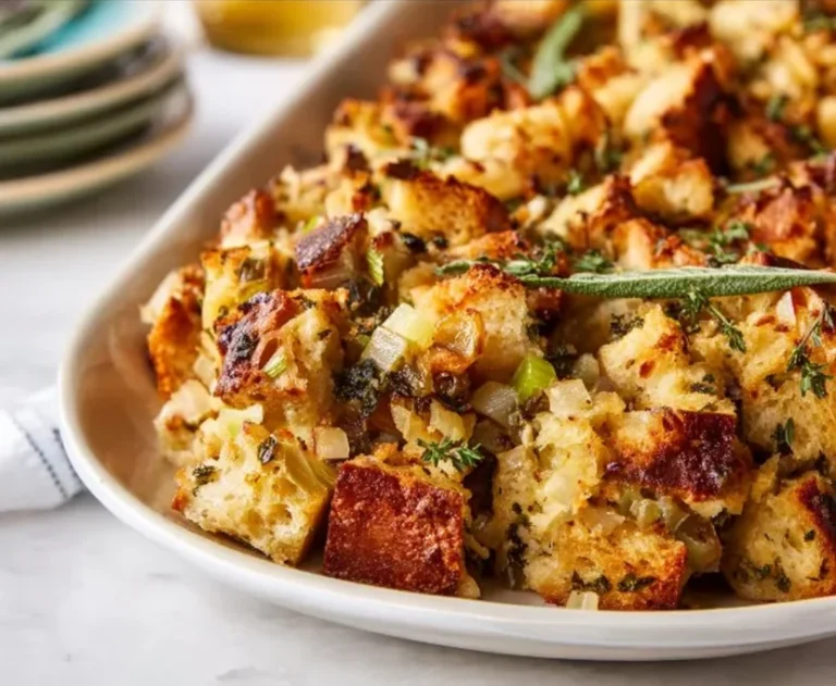 Delicious homemade Thanksgiving stuffing recipe with herbs and spices