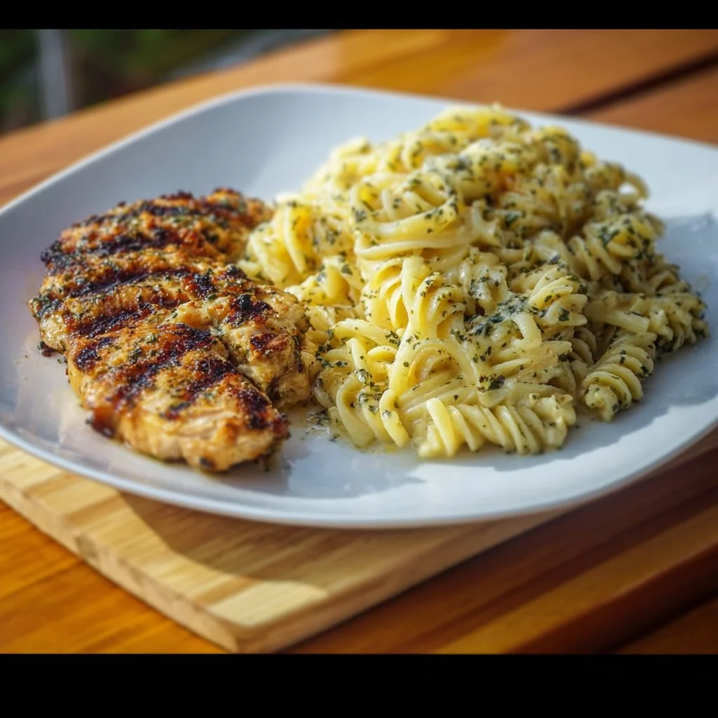 Creamy garlic parmesan chicken pasta with herbs and cheese