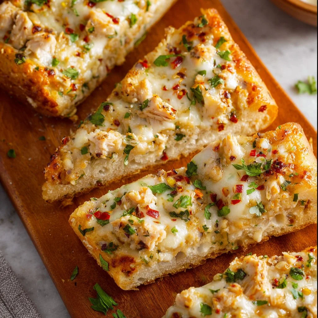 Viral Chicken Alfredo Garlic Bread served on a rustic wooden table