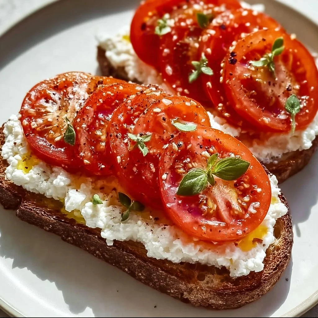 Delicious tomato and cottage cheese toast on a rustic wooden board